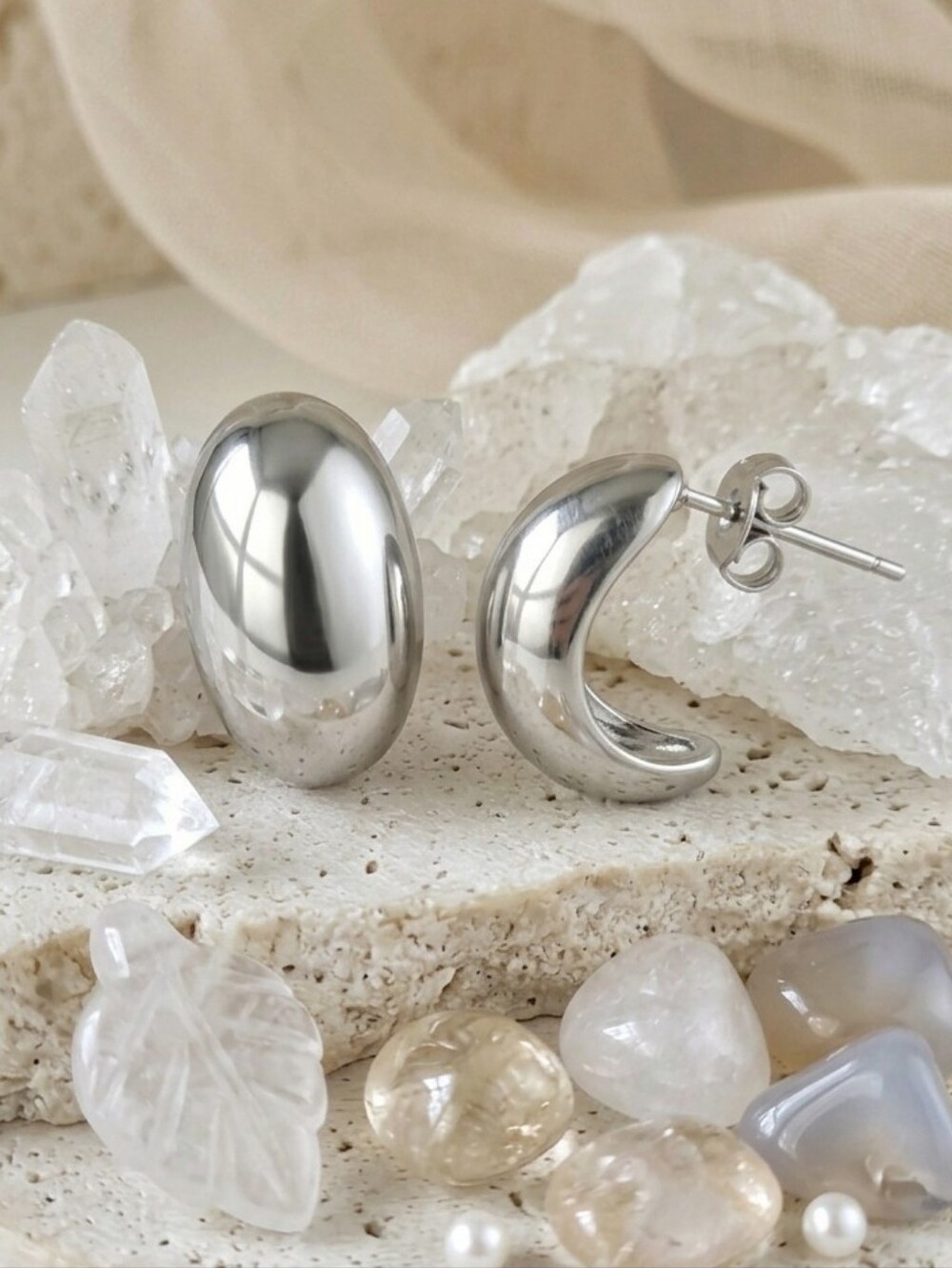 18K White Gold Plated Dome Stud Earrings SS Minimalist Clean Girl Classic 0.43"